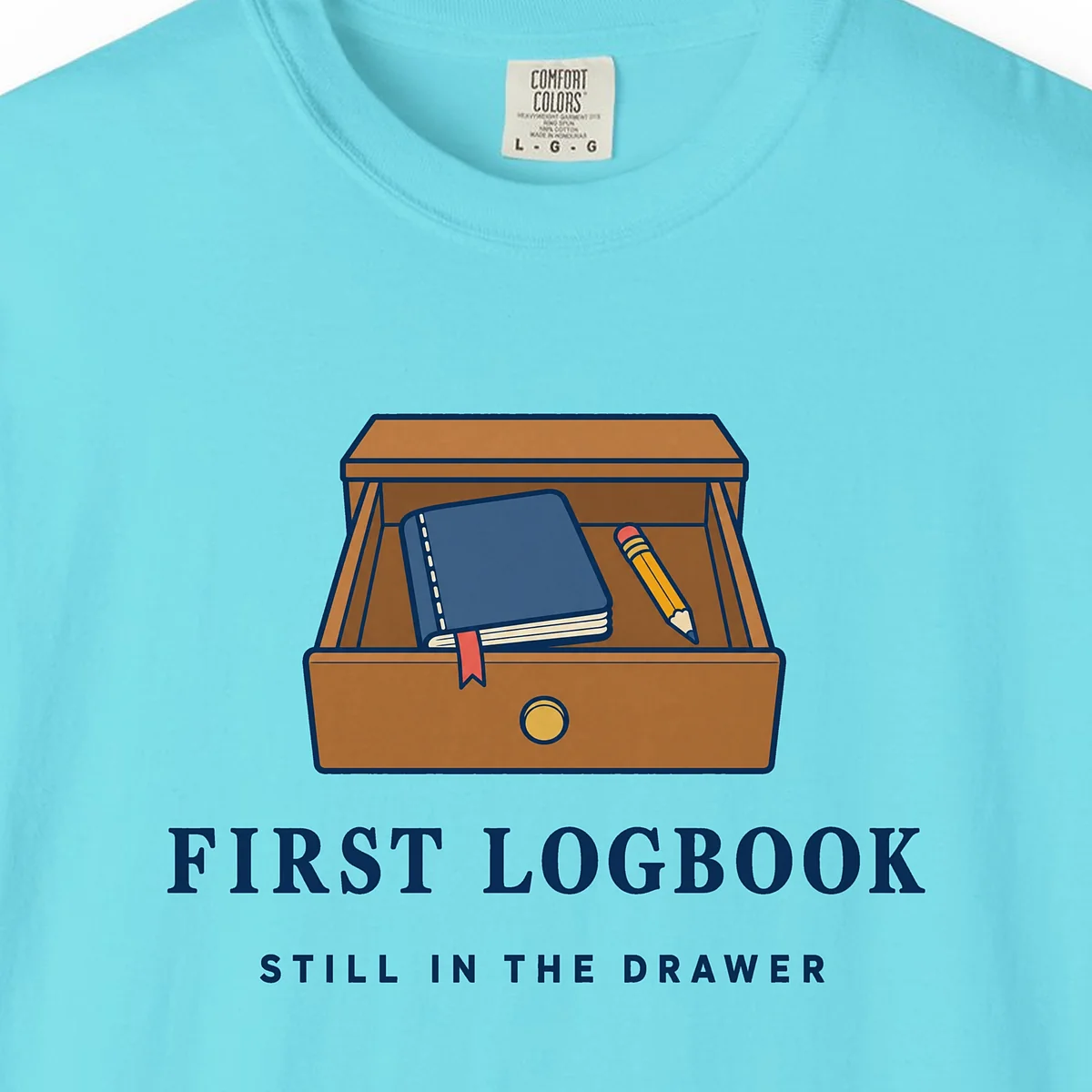 First Logbook Tee in Lagoon Blue, close-up