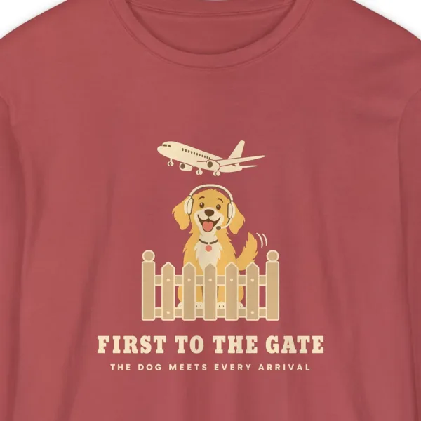 First to the Gate design on a Crimson Comfort Colors 6014 long-sleeve tee, close-up of the print