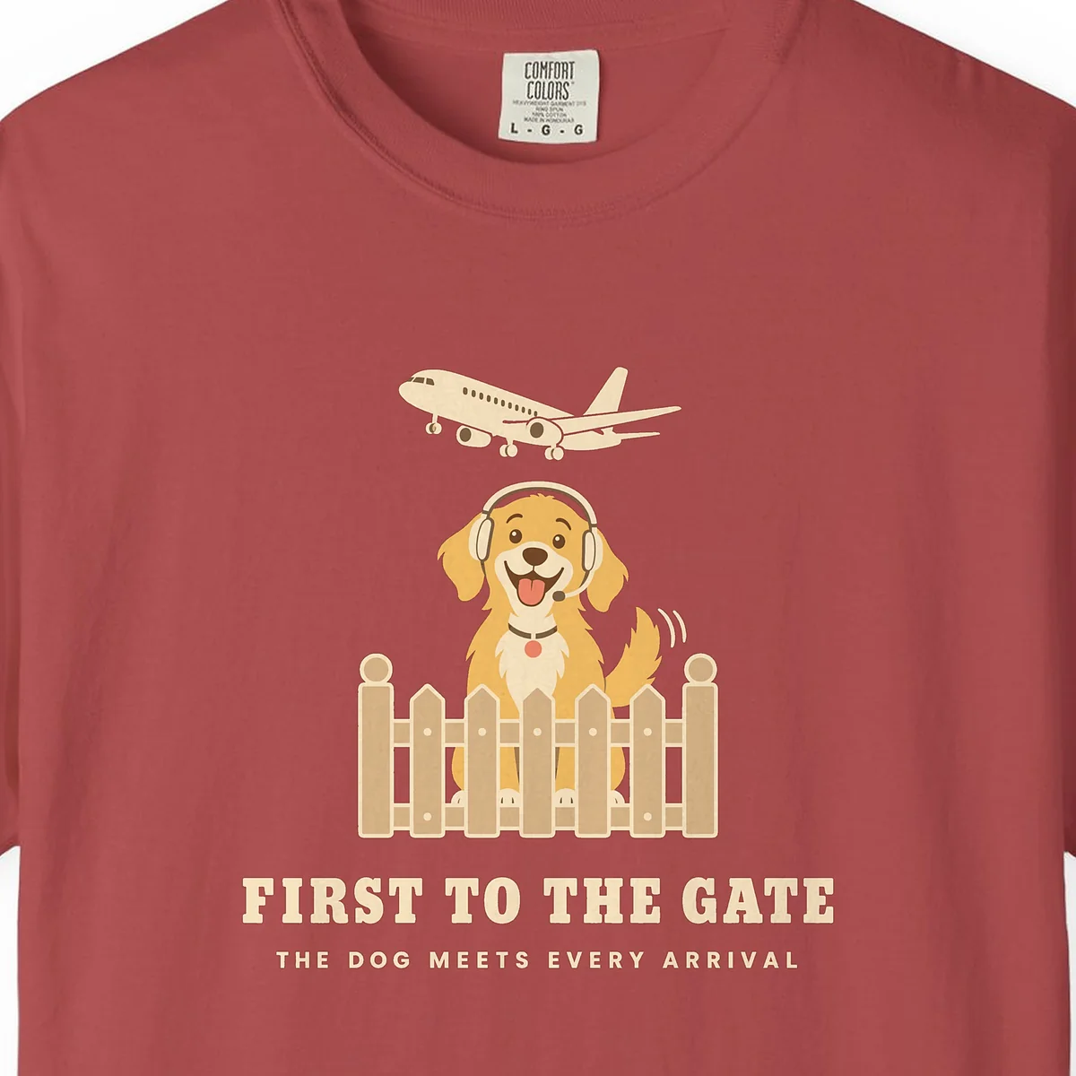 First to the Gate Tee in Crimson, close-up