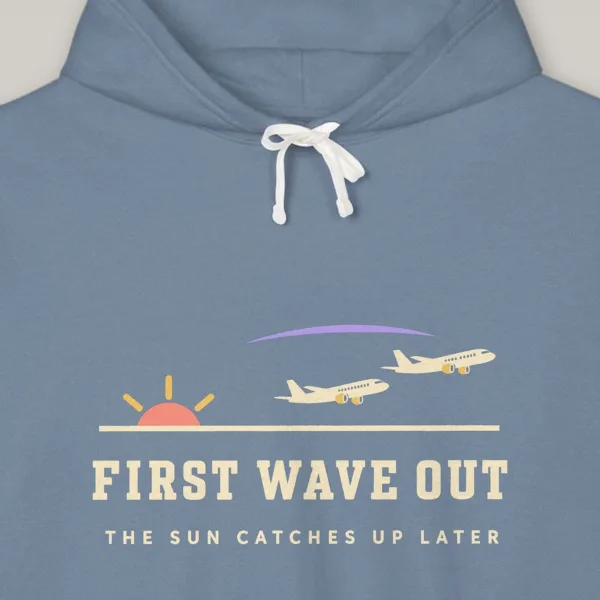 First Wave Out design on the Comfort Colors 1467 hoodie in Blue Jean, close-up of the print