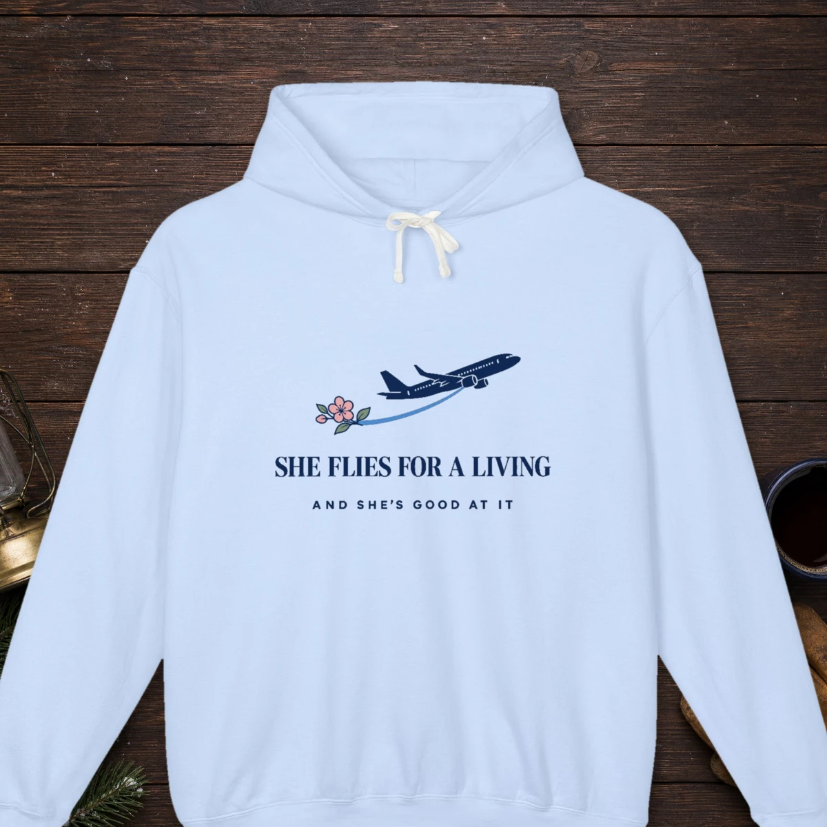 Flies for a Living design on the Comfort Colors 1467 hoodie in Hydrangea, front view