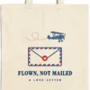 flown-not-mailed-tote-natural-detail Close-up of the Flown Not Mailed design printed in navy ink on a natural canvas tote, with the top seam and handles
