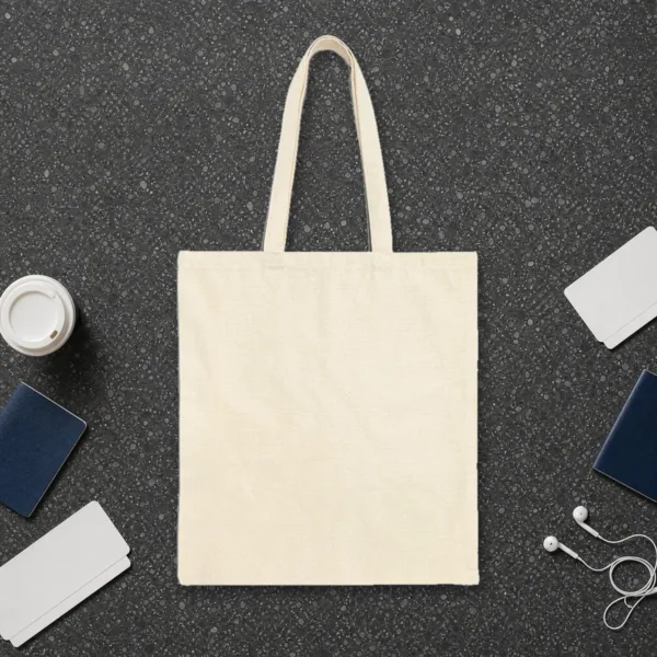Plain back of the natural canvas tote with the Fly-In Breakfast design, printed on the front only