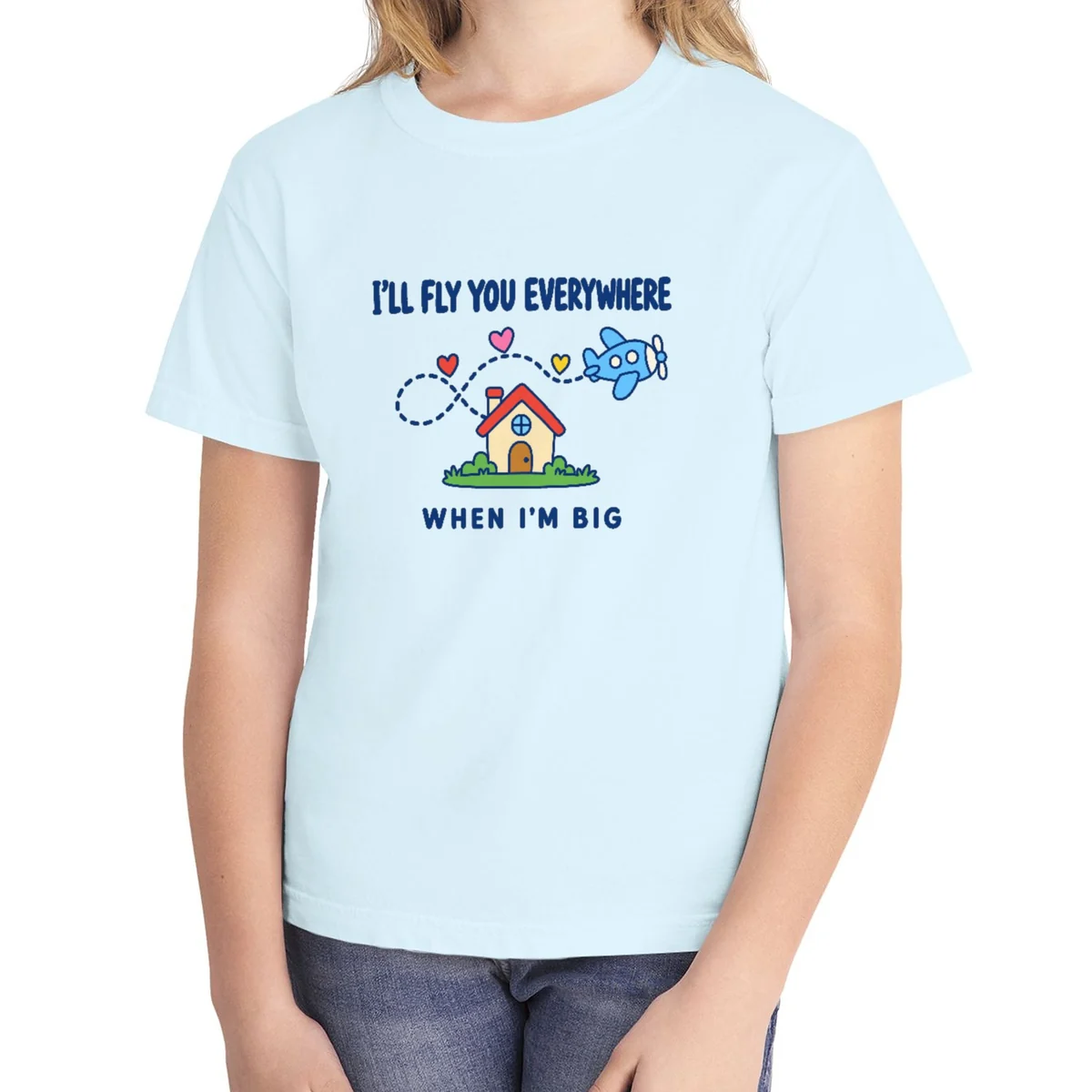 I'll Fly You Everywhere kids tee in Chambray, Comfort Colors 9018 youth tee, front view