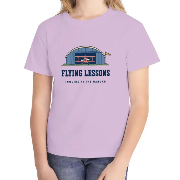 Flying Lessons kids tee in Orchid, Comfort Colors 9018 youth tee, front view