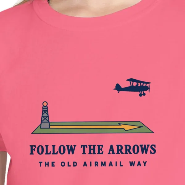 follow-the-arrows-kids-tee-crunchberry-chest Close-up of the Follow the Arrows design on the Crunchberry kids tee, Comfort Colors 9018 youth tee, with the neckline