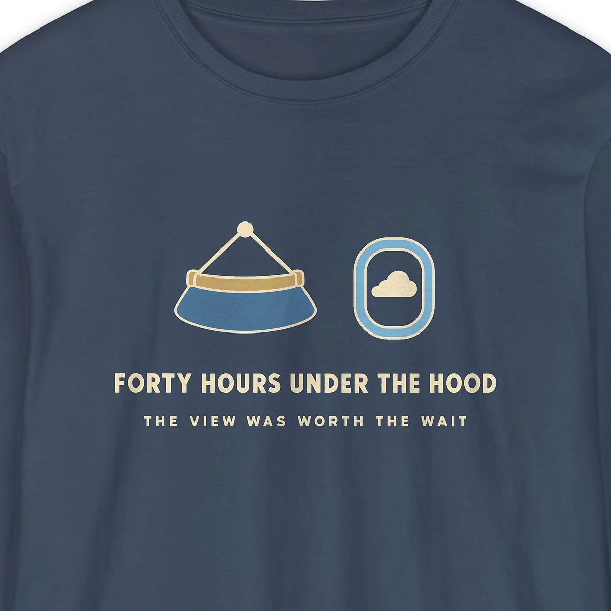 Forty Hours Under the Hood design on a Midnight Comfort Colors 6014 long-sleeve tee, close-up of the print