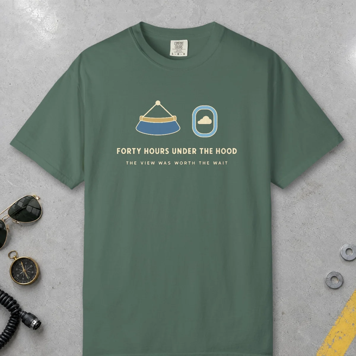 Forty Hours Under the Hood Tee in Blue Spruce, front view