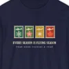 Four Season Stamps design on a True Navy Comfort Colors 6014 long-sleeve tee, close-up of the print