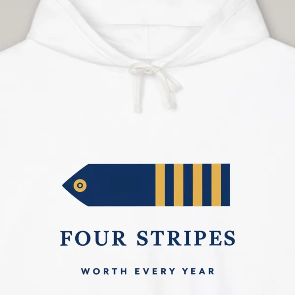 four-stripes-hoodie-white-chest-v1 Four Stripes design on the Comfort Colors 1467 hoodie in White, close-up of the print