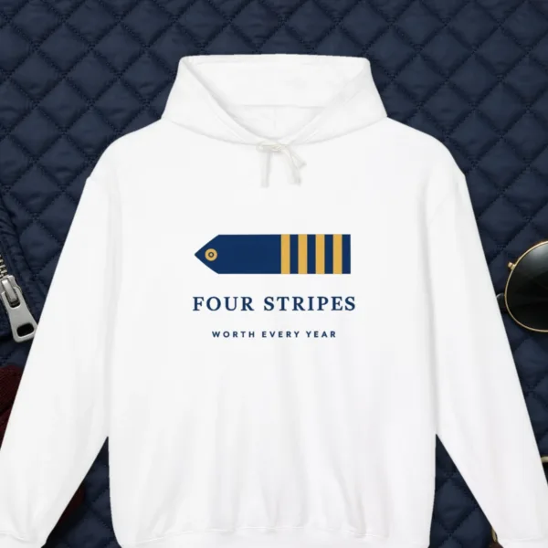 four-stripes-hoodie-white-front-v1 Four Stripes design on the Comfort Colors 1467 hoodie in White, front view