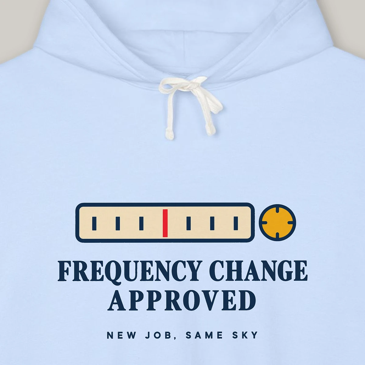 frequency-change-approved-hoodie-hydrangea-chest-v1 Frequency Change Approved design on the Comfort Colors 1467 hoodie in Hydrangea, close-up of the print