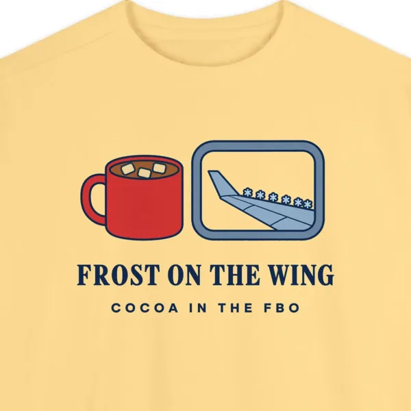 Close-up of the Frost on the Wing design printed on a Butter Comfort Colors 1566 sweatshirt, with the ribbed collar