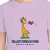 Close-up of the Giraffe Tower design on the Orchid kids tee, Comfort Colors 9018 youth tee, with the neckline