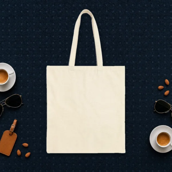 Plain back of the natural canvas tote with the Grandma Brings the Binoculars design, printed on the front only