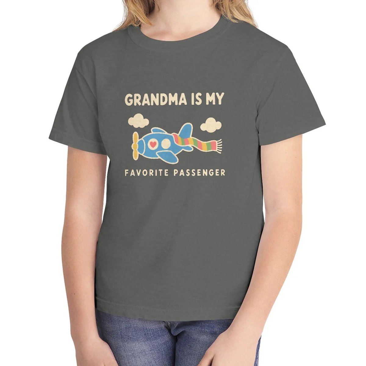 Grandma's Favorite Passenger kids tee in Pepper, Comfort Colors 9018 youth tee, front view