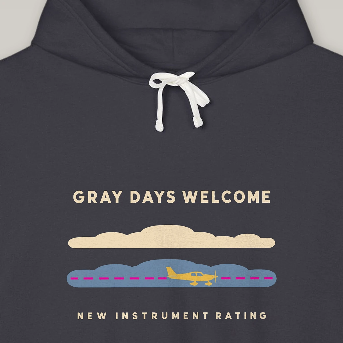 Gray Days Welcome design on the Comfort Colors 1467 hoodie in Black, close-up of the print