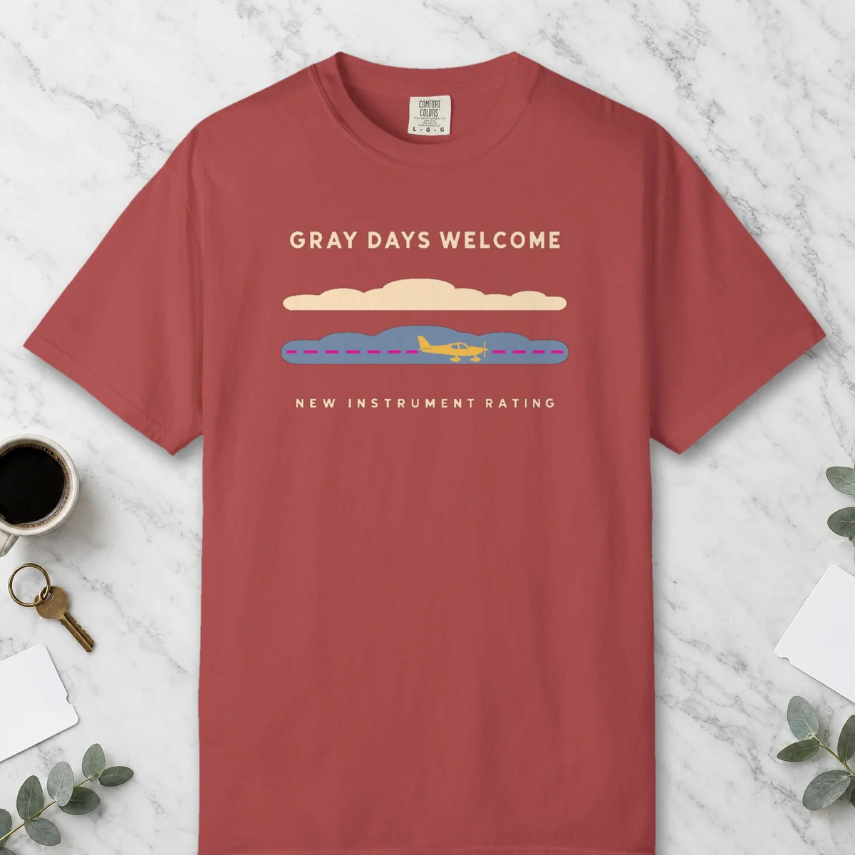 Gray Days Welcome Tee in Crimson, front view