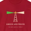 Green and White Beacon design on a Red Comfort Colors 6014 long-sleeve tee, close-up of the print