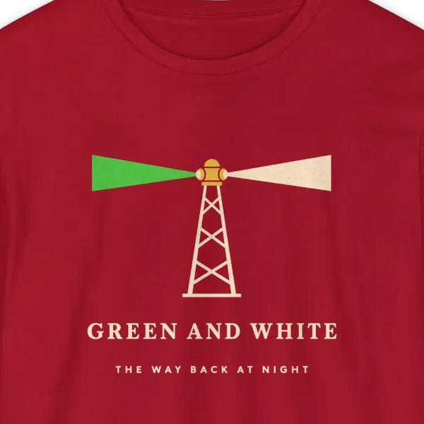 green-and-white-beacon-long-sleeve-tee-red-chest Green and White Beacon design on a Red Comfort Colors 6014 long-sleeve tee, close-up of the print