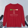 Green and White Beacon design on a Red Comfort Colors 6014 long-sleeve tee, front view