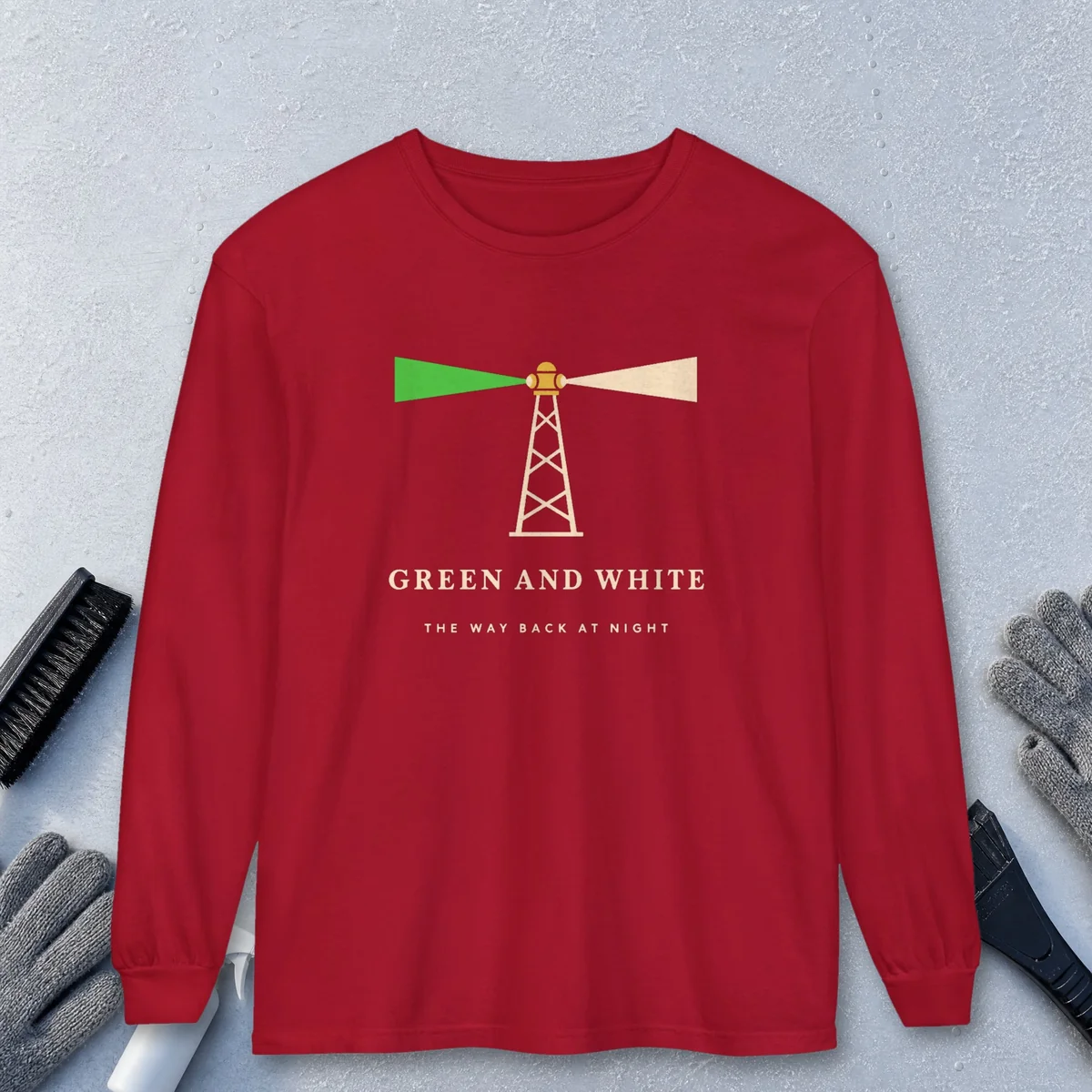 Green and White Beacon design on a Red Comfort Colors 6014 long-sleeve tee, front view