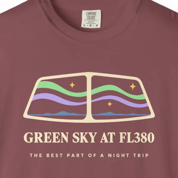 green-sky-at-fl380-tee-brick-chest Green Sky at FL380 Tee in Brick, close-up