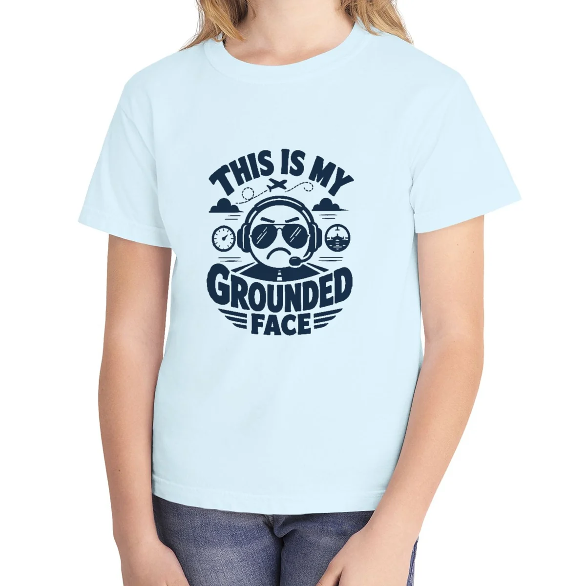 Grounded Face Arched kids tee in Chambray, Comfort Colors 9018 youth tee, front view
