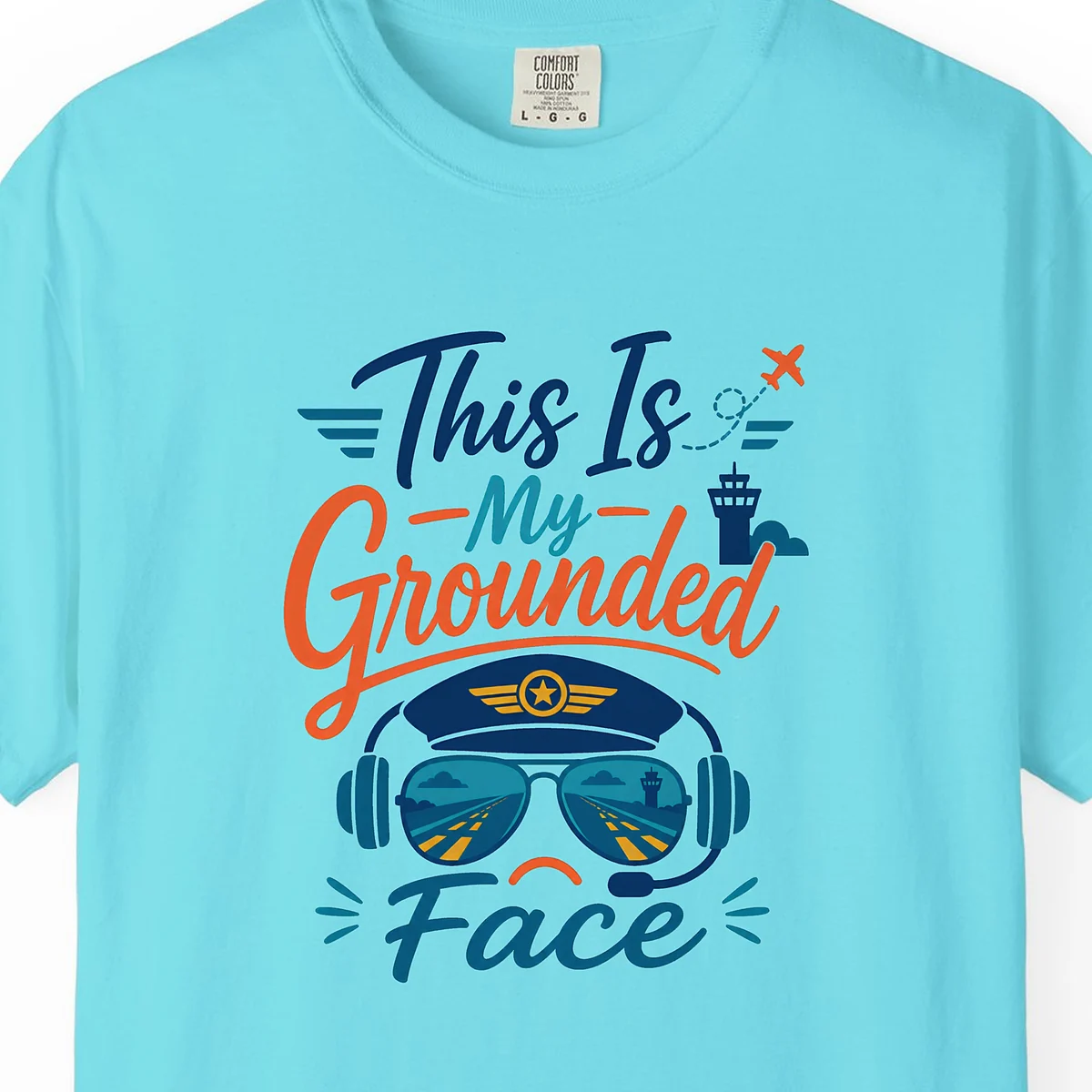 Grounded Face Aviators Tee in Lagoon Blue, close-up