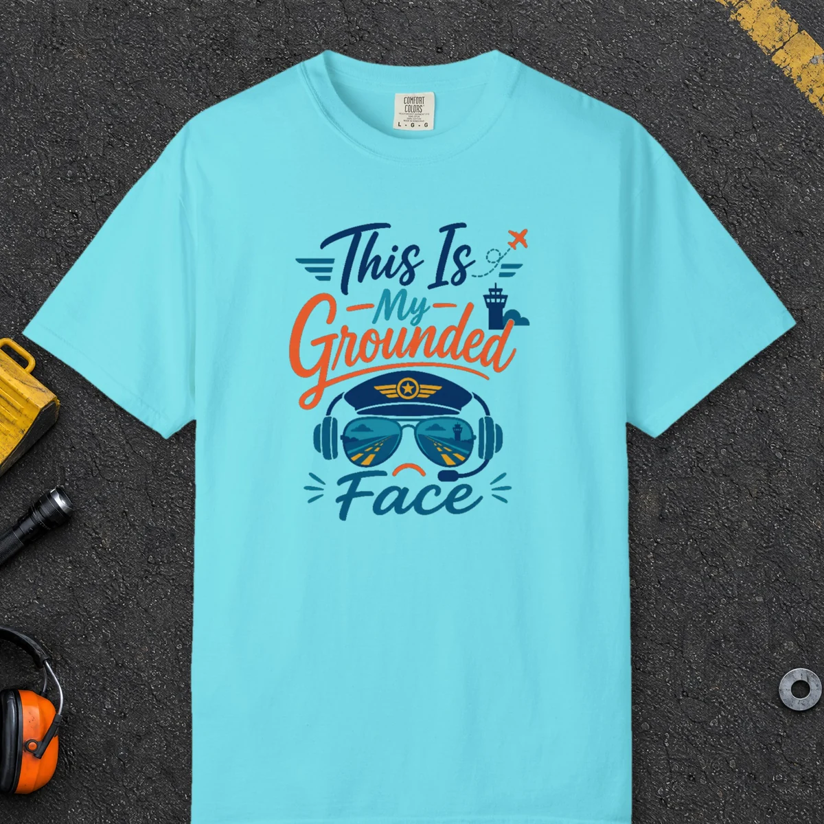 Grounded Face Aviators Tee in Lagoon Blue, front view