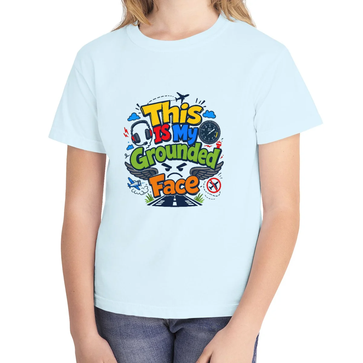 Grounded Face Cartoon kids tee in Chambray, Comfort Colors 9018 youth tee, front view