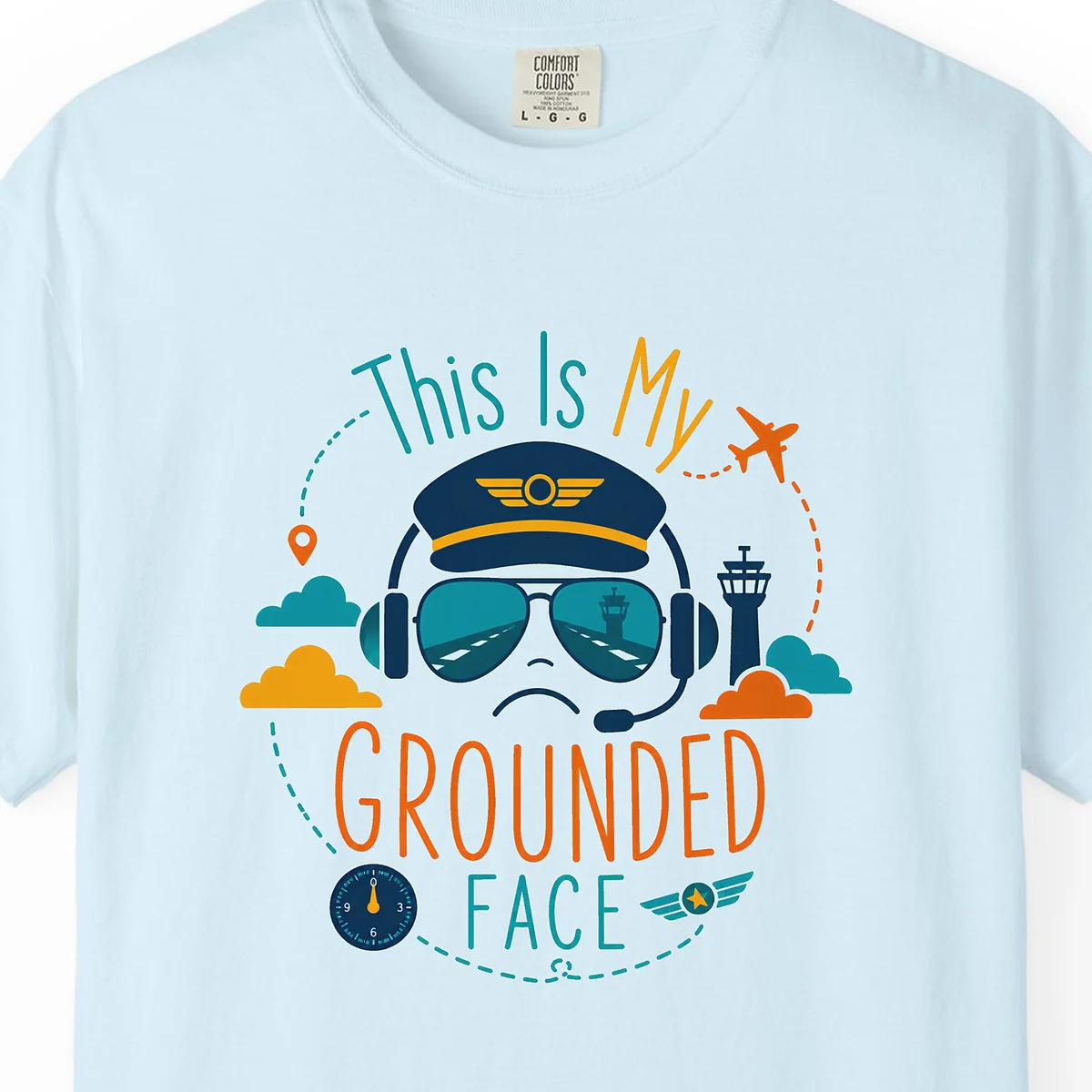 Grounded Face Tower Tee in Chambray, close-up