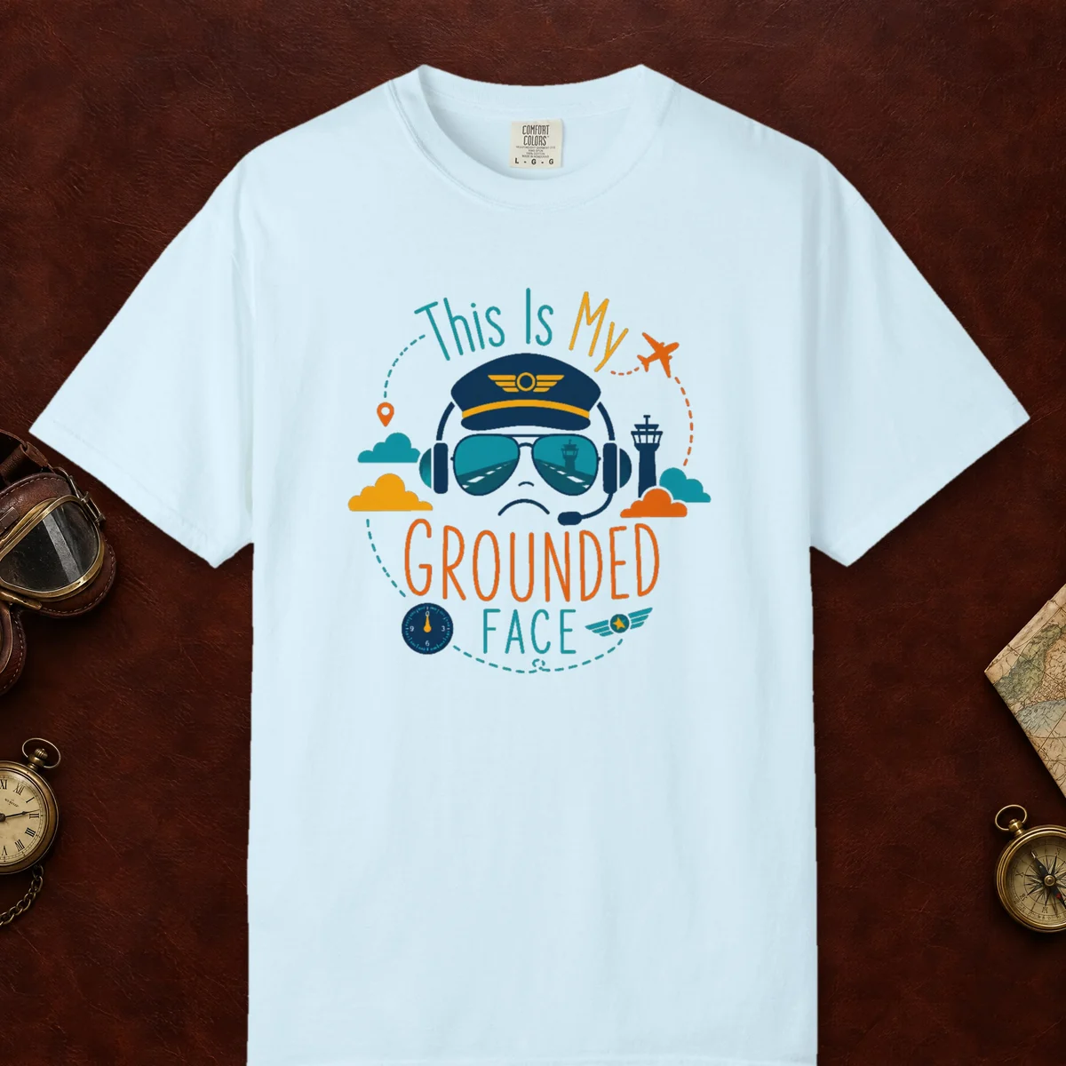Grounded Face Tower Tee in Chambray, front view