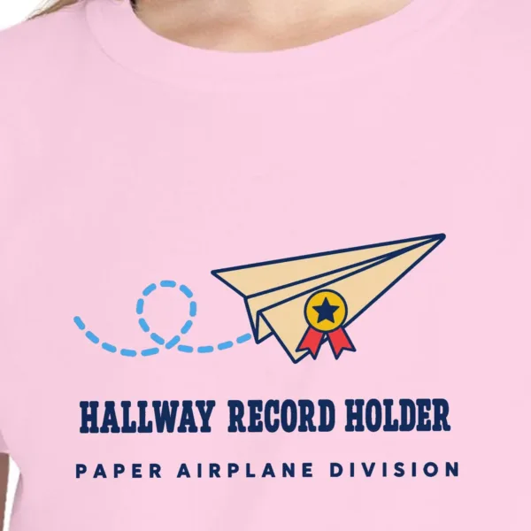 Close-up of the Hallway Record Holder design on the Blossom kids tee, Comfort Colors 9018 youth tee, with the neckline