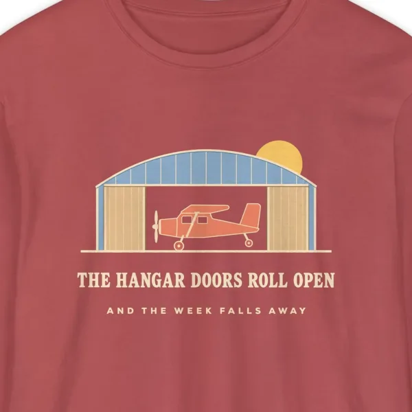 hangar-doors-open-long-sleeve-tee-crimson-chest Hangar Doors Open design on a Crimson Comfort Colors 6014 long-sleeve tee, close-up of the print