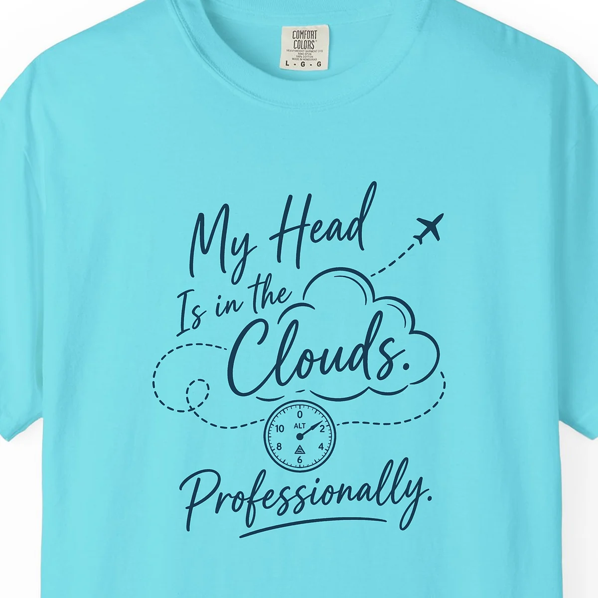 Head in the Clouds Altimeter Tee in Lagoon Blue, close-up