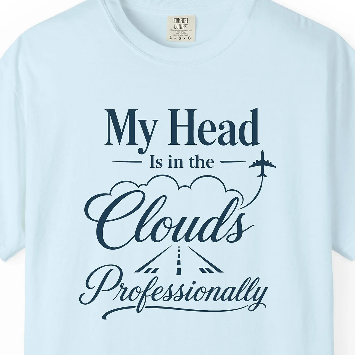 Head in the Clouds Serif Tee in Chambray, close-up