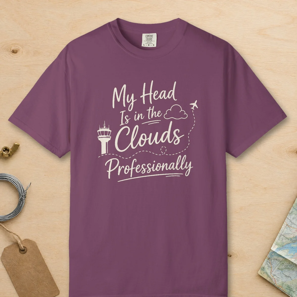 Head in the Clouds Tower Night Tee in Berry, front view