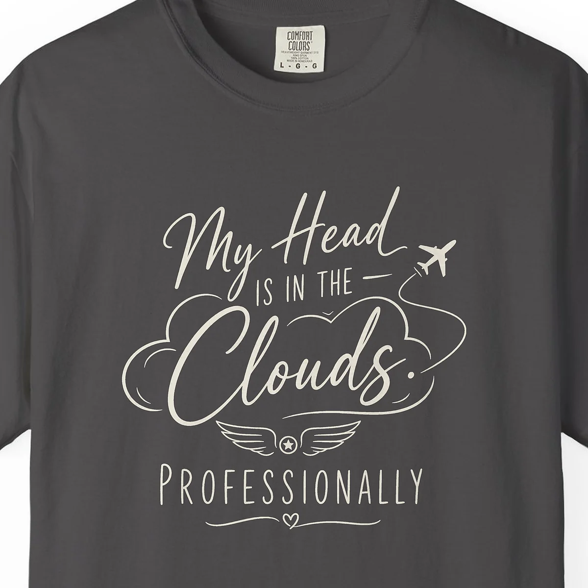 Head in the Clouds Wings Night Tee in Graphite, close-up