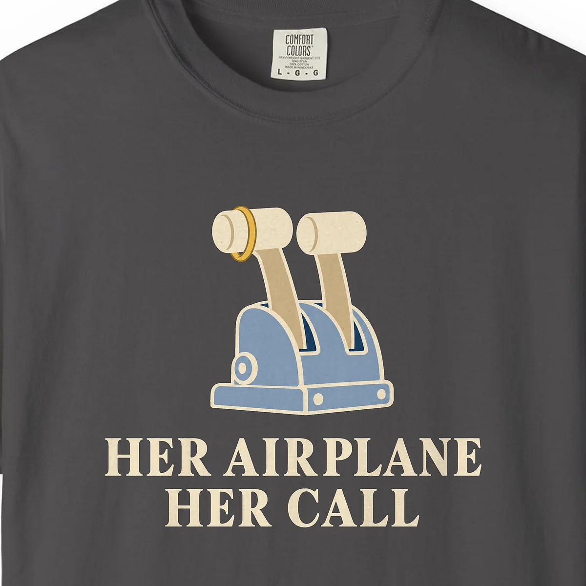Her Airplane Her Call Tee in Graphite, close-up
