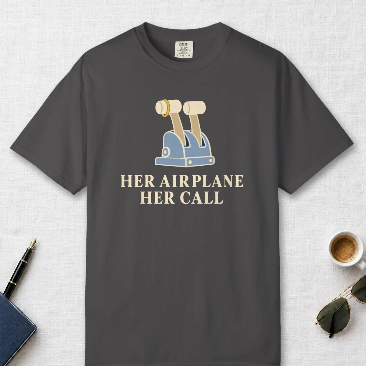 Her Airplane Her Call Tee in Graphite, front view