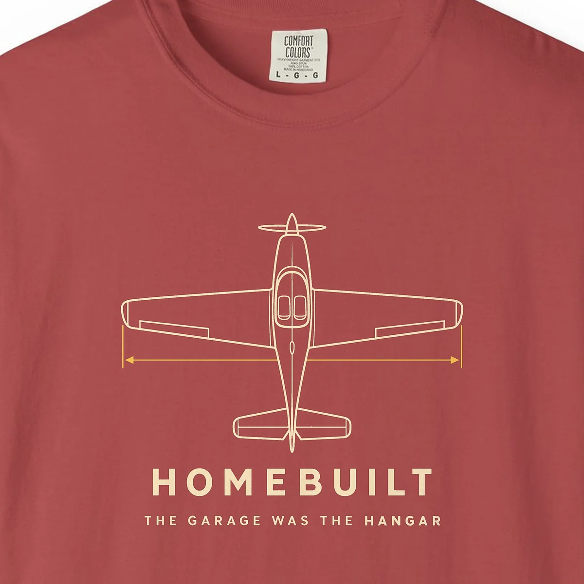 Homebuilt Tee in Crimson, close-up