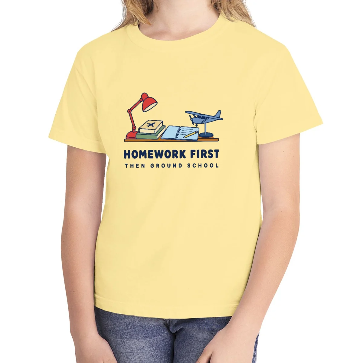 Homework First kids tee in Butter, Comfort Colors 9018 youth tee, front view