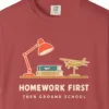 Homework First Tee in Crimson, close-up