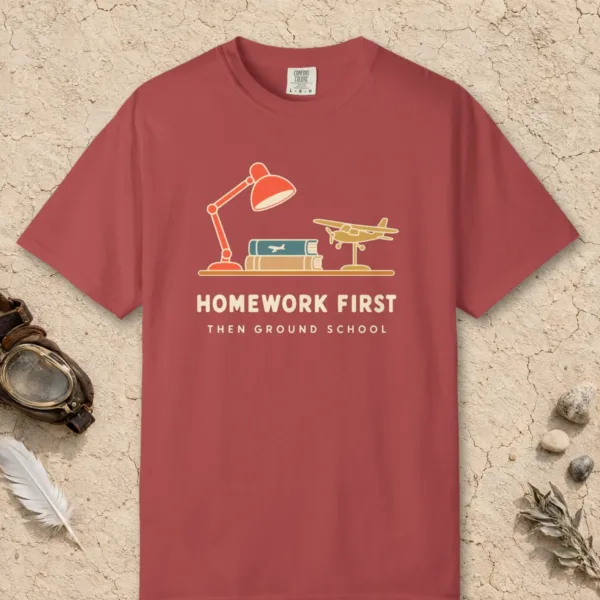 Homework First Tee in Crimson, front view