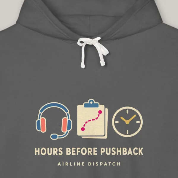 Hours Before Pushback design on the Comfort Colors 1467 hoodie in Pepper, close-up of the print