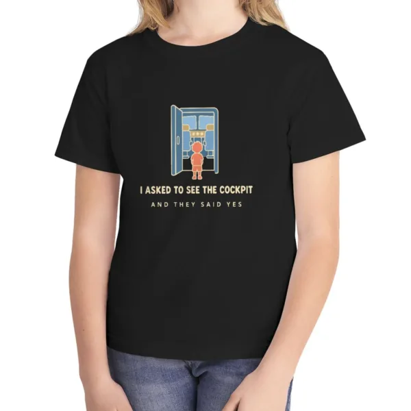 I Asked to See the Cockpit kids tee in Black, Comfort Colors 9018 youth tee, front view