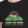 i-know-that-engine-kids-tee-black-chest Close-up of the I Know That Engine design on the Black kids tee, Comfort Colors 9018 youth tee, with the neckline