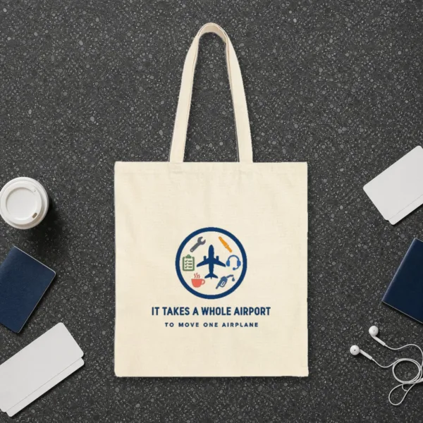 It Takes a Whole Airport design in navy ink on a natural canvas tote, laid flat on a dark terrazzo terminal floor