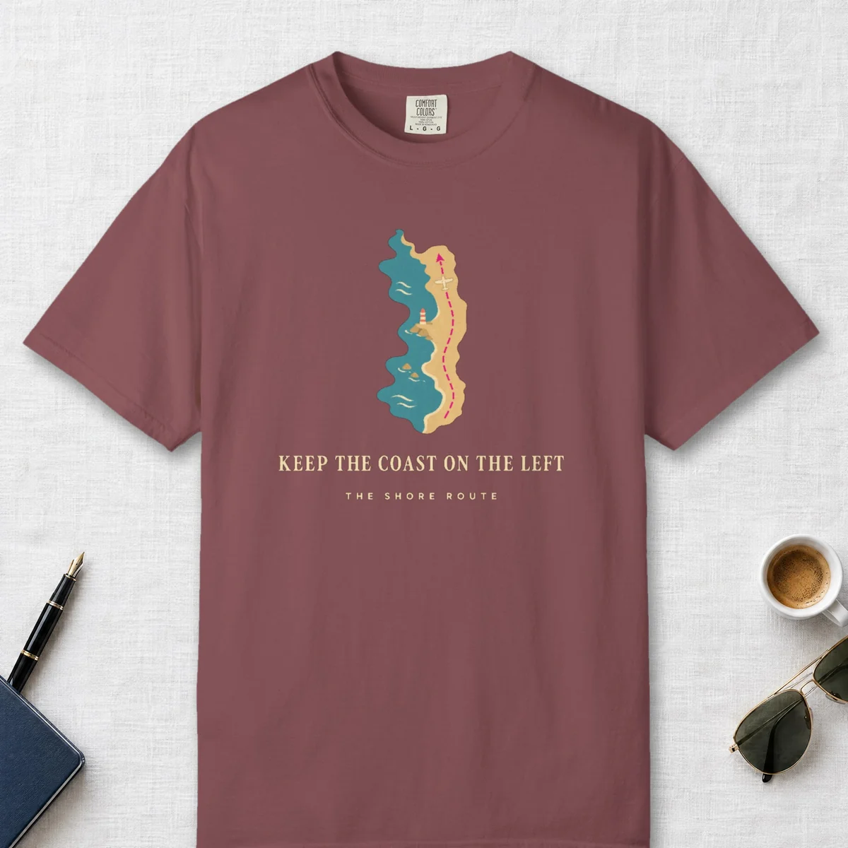 Keep the Coast on the Left Tee in Brick, front view